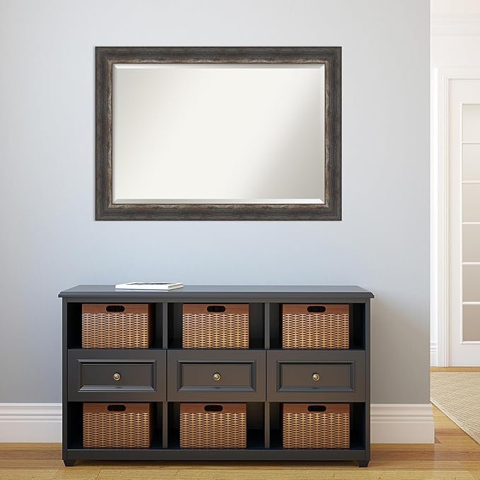 Amanti Art Brown Bathroom Mirror for Over Sink, 29x41 Bark Rustic Char Rectangle Vanity Mirror, Large Country Rustic Frame, Hangs Horizonally and Vertically, Bathroom Wall Decor, Beveled Edge