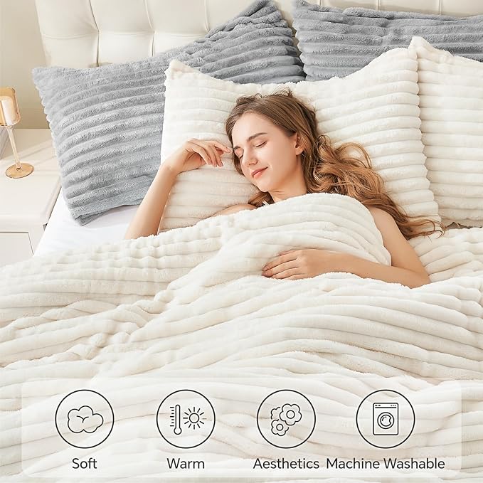 BEDELITE Fleece King Comforter Set -Super Soft & Warm Fluffy Cream White Bedding, Luxury Fuzzy Heavy Bed Set for Winter with 2 Pillow Cases