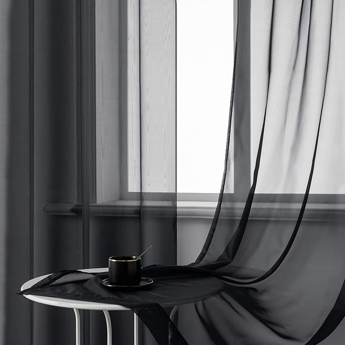 DUALIFE Black Sheer Curtains 54 Inch Length for Basement Windows Set of 2 Panels Grommet Semi Translucent Short Curtains for Small Windows Kitchen Bedroom Bathroom 52x54 Inches Long