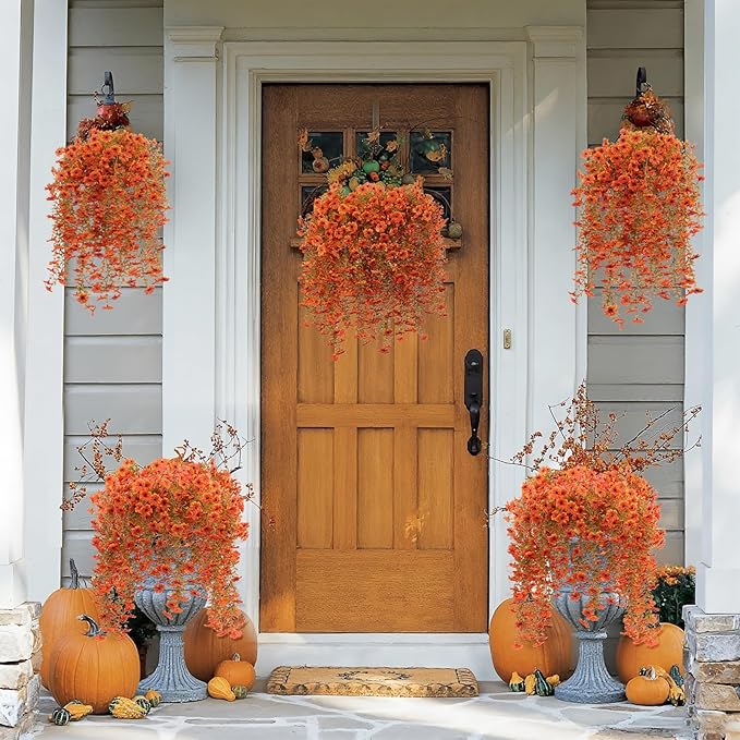 12 Pcs Artificial Hanging Mums Flowers Outdoor, Orange UV Resistant Fake Hanging Fall Plants for Outdoor Planter Patio Front Door Window Autumn Decoration (12, Orange)
