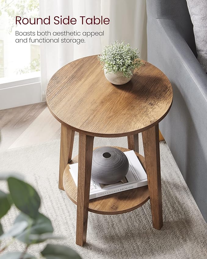 VASAGLE MAEZO Collection - Set of 2 Side Tables, 2-Tier Small Round End Tables, Nightstands with Tapered Legs, Curved Transitions, for Small Spaces, Living Room, Bedroom, Rustic Walnut ULET289K01