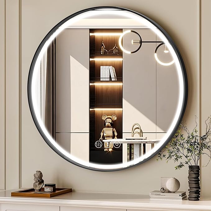 24 Inch Round Bathroom Mirror with Lights, Black Metal Framed Frontlit Circle Mirrors for Wall, Led Light Mirror with Anti-Fog, Memory Function, 3 Color Temperature, Dimmable Makeup Mirror