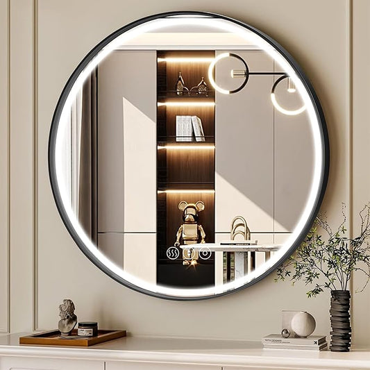 24 Inch Round Bathroom Mirror with Lights, Black Metal Framed Frontlit Circle Mirrors for Wall, Led Light Mirror with Anti-Fog, Memory Function, 3 Color Temperature, Dimmable Makeup Mirror