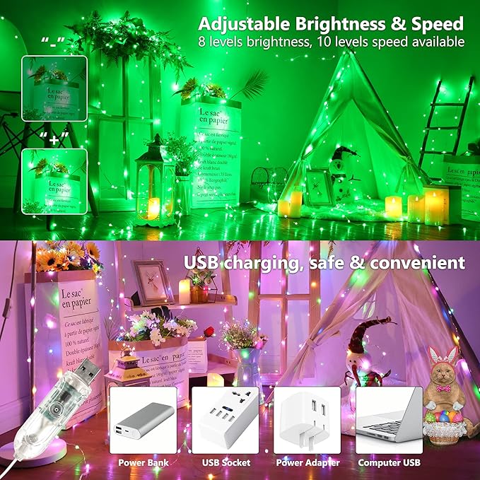 BrizLabs Christmas Fairy String Lights, 33ft 100 LED Color Changing Christmas Fairy Lights with Remote Timer, USB Rainbow Xmas Light Music Sync RGB Twinkle Light for Xmas Halloween Home Party Wedding