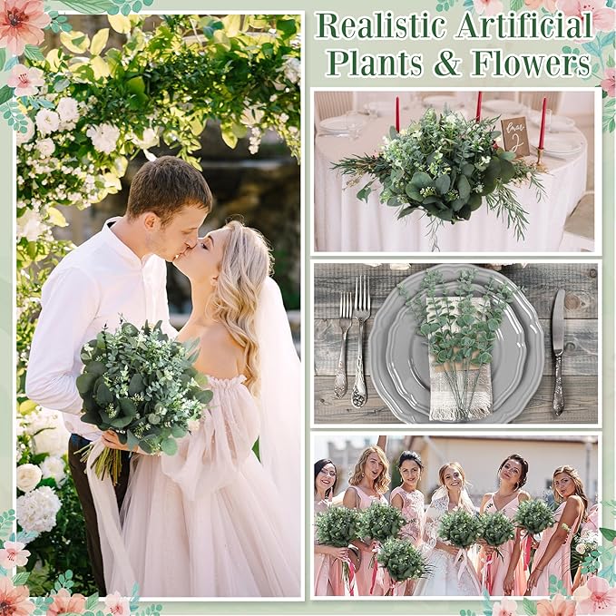 250 Pcs Artificial Eucalyptus Leaves Stem Bulk Fake Greenery Faux UV Resistant Sprays Silver Dollar Eucalyptus for DIY Wedding Bouquet Vase Floral Arrangement Decor (Green,15 Kinds)