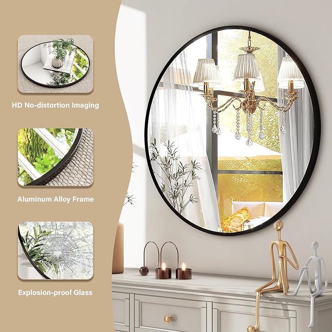 HARRITPURE Round Mirror 18 Black Wall Mounted Circle Mirrors Vanity Mirror with Brushed Aluminum Alloy Frame Modern Decoration for Bathroom, Living Room, Vanity, Bedroom, Entryway