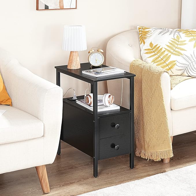 HOOBRO Set of 2 End Tables with Charging Station, Narrow Side Table with Drawers & USB Port & Power Outlets, Nightstand for Small Spaces, Living Room, Stable and Sturdy, Black BK541BZP201