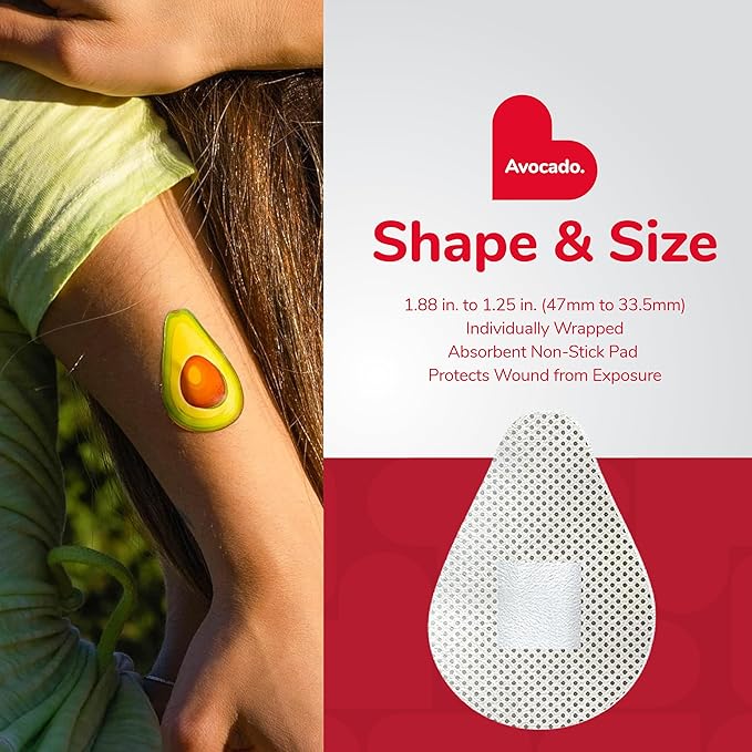 BioSwiss Bandages, Avocado Shaped Self Adhesive Bandage, Latex Free Sterile Wound Care, Fun First Aid Kit Supplies for Kids, 50 Count