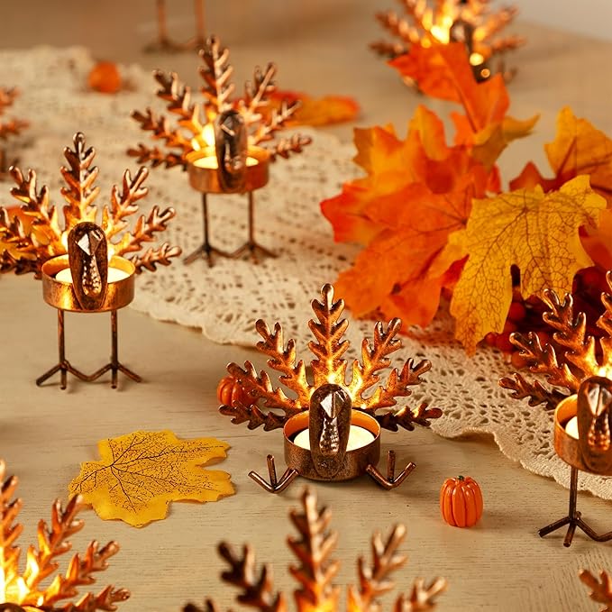 SAND MINE Metal Turkey Tea Light Candle Holders, Thanksgiving Candle Holder, Turkey Candle Holder, Metal Candle Holder, Thanksgiving Home Table Decoration (12)