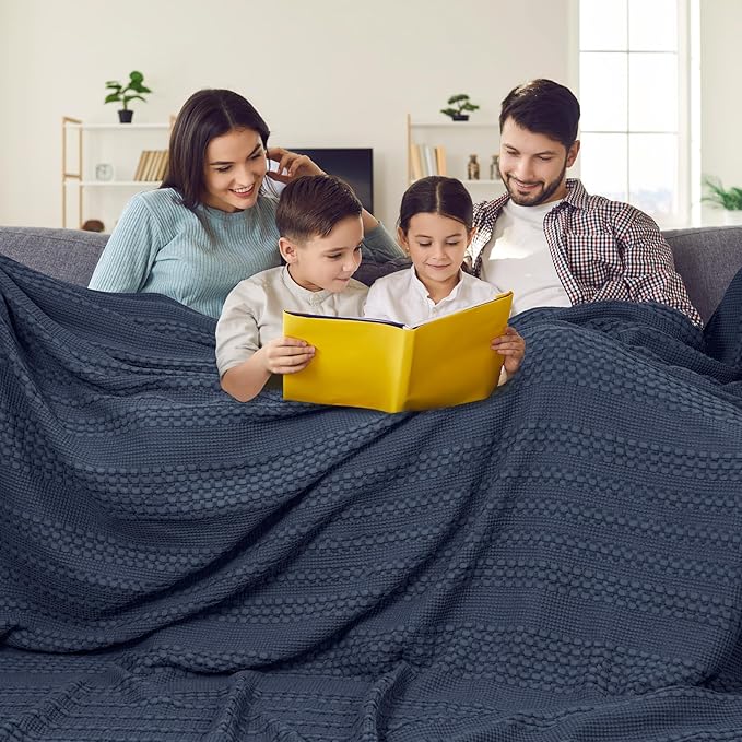 PHF 100% Cotton Waffle Blanket Oversized King 120"x120", Lightweight Breathable Extra Large 10'x10' Blankets for Bed, Giant Big Luxury Aesthetic Woven Bedding for Home Decor, Indigo