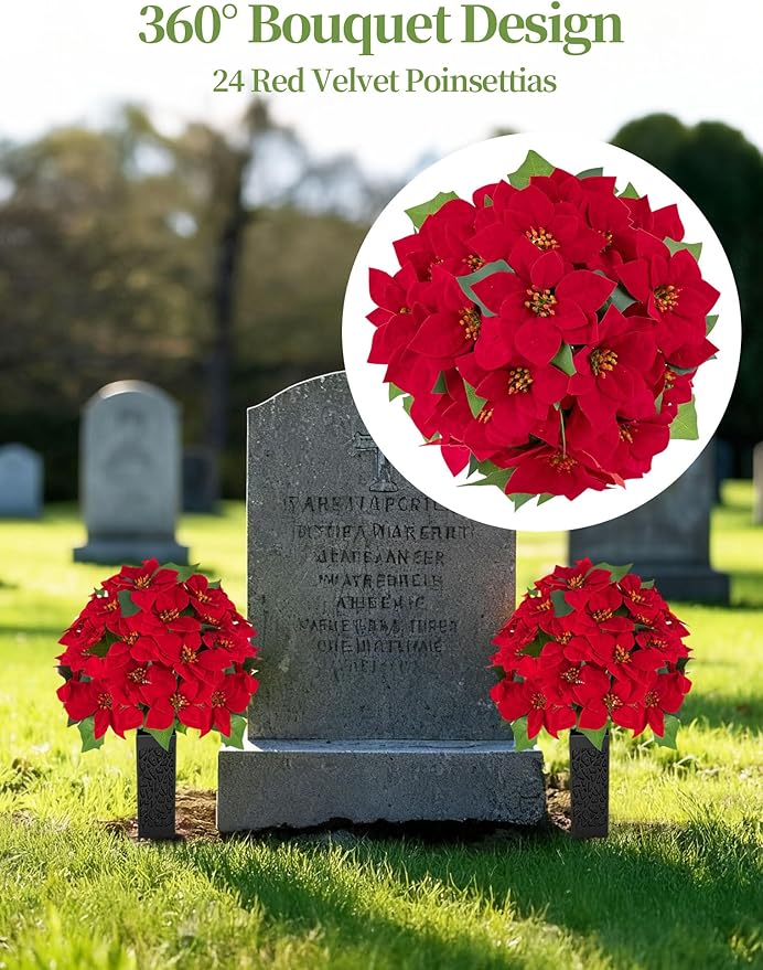 Christmas Cemetery Flowers for Grave: 2 Pcs Artificial 24 Heads Large Red Velvet Poinsettia Bouquets with Vases for Outdoor Grave Decorations