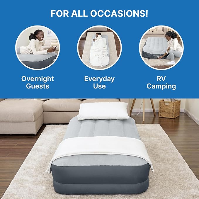 SleepLux Twin Air Mattress Supersoft Snugable Top Extra Durable Tough Guard with Built-in Pillow Raised 15" Airbed with Built in Pump + USB Charger Twin 15", Small, Grey