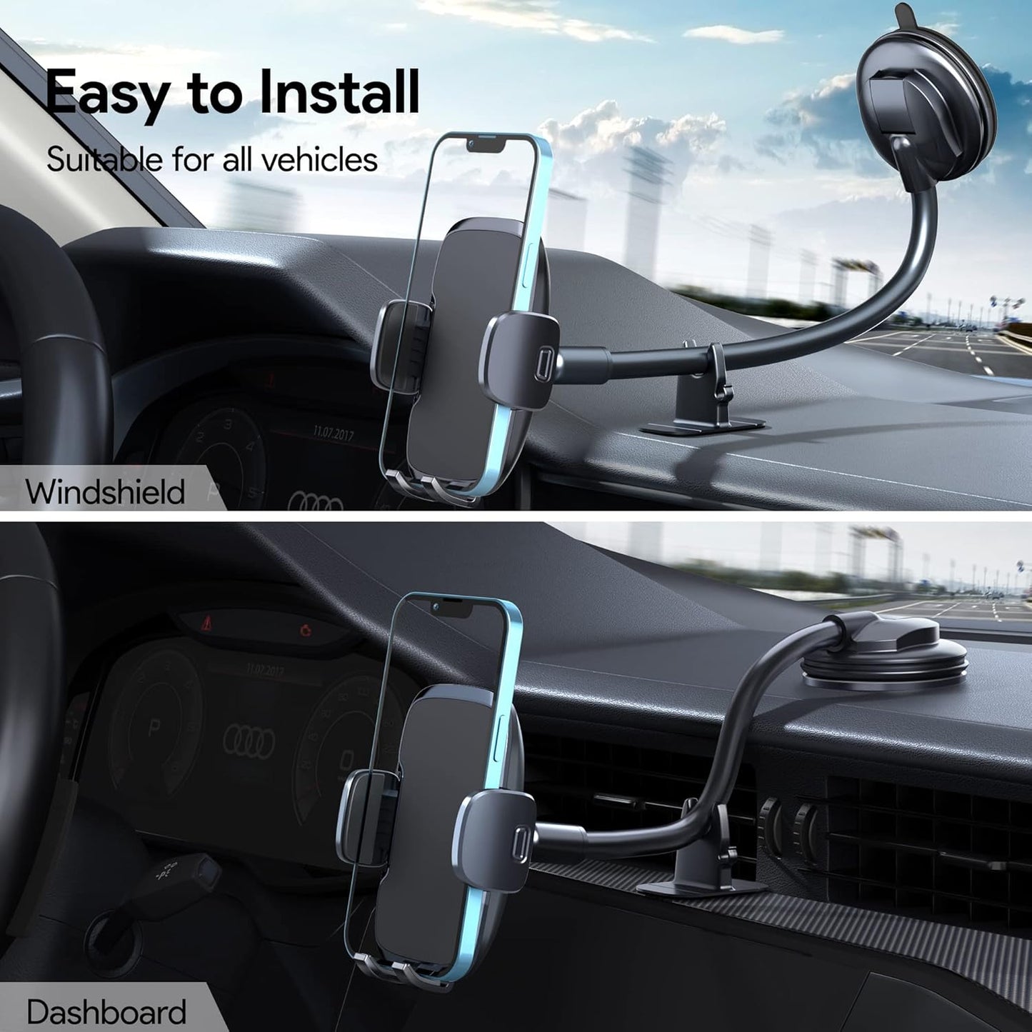 Phone Mount for Car [6.2in Flexible Arm] Cell Phone Holder for Windshield Dashboard, [Washable Strong Suction]