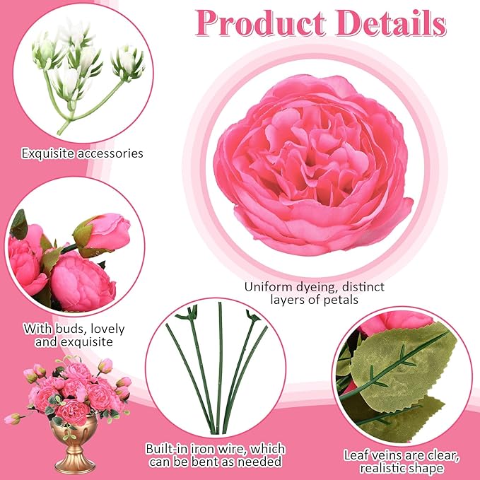 Hoteam 24 Bundles Artificial Peonies Flowers Wedding Faux Flowers Silk Peony Bouquet Bulk Bride Fake Florals Arrangements for Table Centerpieces Wedding Party Vase Decor (Hot Pink)