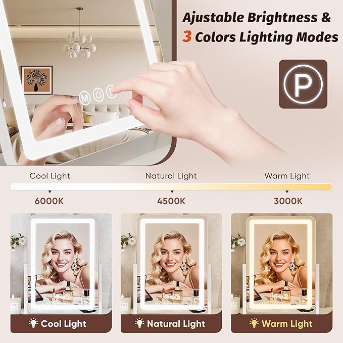 Vanity Mirror with Lights, 18"x13" Hollywood Lighted Makeup Mirror for Tabletop & Bedroom 3 Color Lighting Modes Smart Touch Control 360° Rotation Detachable