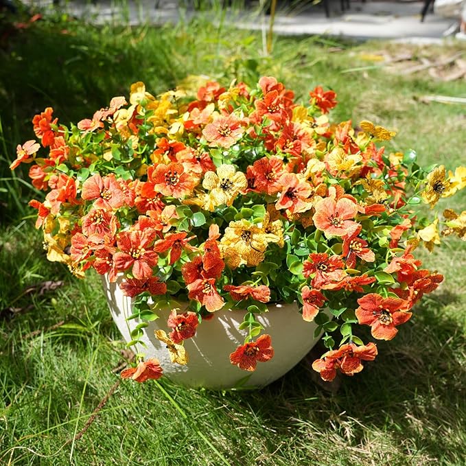 Artificial Flowers for Outdoor, UV Resistant Fake Silk Flowers, Realistic Faux Plants for Outside Indoor Porch Patio Window Box Planter Home Decor (16, Orange Yellow)