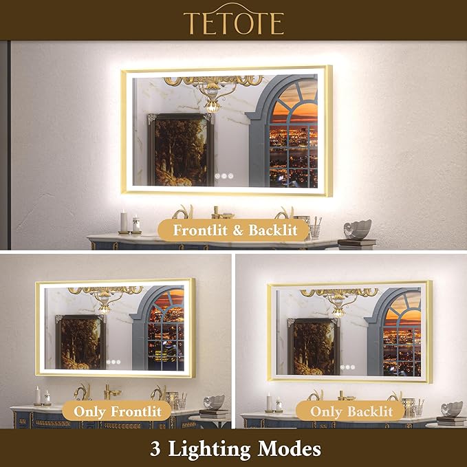 TETOTE 60x40 LED Bathroom Mirror with Lights Gold Frame Frontlit & Backlit Lighted Vanity Mirror Baroque Anti Fog Dimmable White/Warm/Natural,CRI90+,Waterproof,Wall Mounted(Horizontal/Vertical)