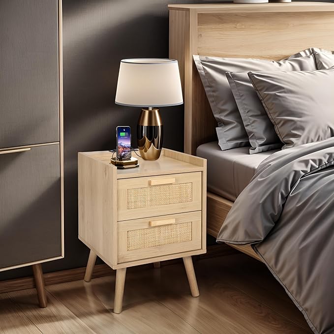 Finnhomy Nightstand with Charging Station, Bedside Table with 2 Hand Made Rattan Decorated Drawers, Night Stand with Storage for Bedroom, Natural