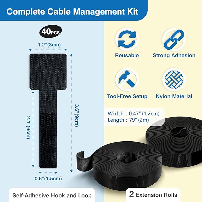 Cable Management Kit – 40 Self-Adhesive Hook & Loop Cable Ties with 2 Extension Straps, Strong Adhesive Cord Organizer for Desk, Wall, Home & Office – Adjustable Wire Holders (Black)