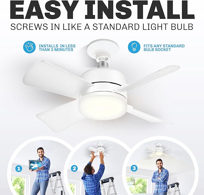 Bell+Howell Socket Breeze Socket Fan Light with Remote, Portable Small Ceiling Fans with Lights for Bedroom, Kitchen, Living Room, Ceiling Fan with Light 3500K, 1000 Lumens, Screws into E26/E27