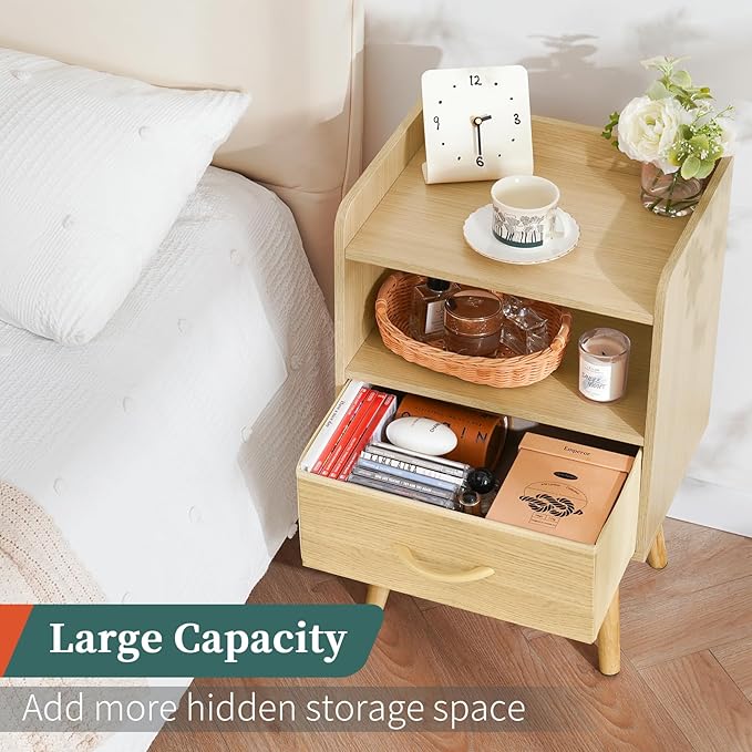 Yoobure Modern Nightstand with Fabric Drawer, Bedside Tables, Mid Century Nightstand with Open Storage Shelf, Wood Bedside Table, Small Night Stands for Bedrooms, 2-Tier Night Table