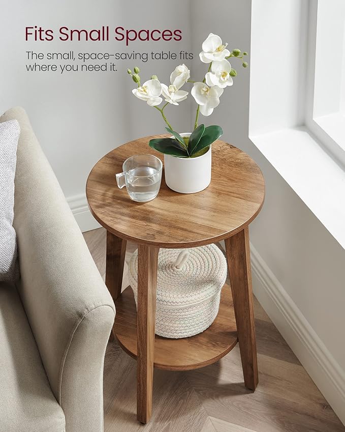 VASAGLE MAEZO Collection - Set of 2 Side Tables, 2-Tier Small Round End Tables, Nightstands with Tapered Legs, Curved Transitions, for Small Spaces, Living Room, Bedroom, Rustic Walnut ULET289K01