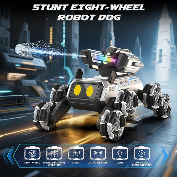 Robot Dog RC Stunt Car Toys - Gesture Sensing Remote Control car with Mecanum Wheels, LED Eyes, 3 Sound Effects,Water-Shooting Turret & RGB Lights,Birthday Gift for Kids Boys Girls