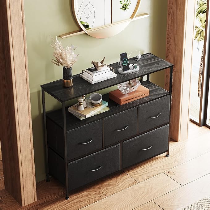 WLIVE Black Dresser for Bedroom, 5 Drawer Dressers with Charging Station, Fabric Chest of Drawers with Open Shelves, Storage Dresser for Living Room, Closet, Entryway