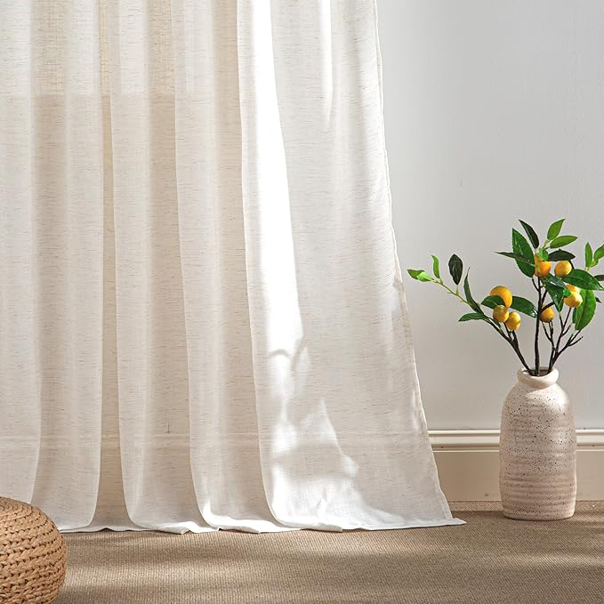 RYB HOME Sheer Curtains 84 inches Long Linen Blend Light & Airy Vertical Translucent Panels for Bedroom Living Room Office, Rod Pocket & Back Tab, W52 x L84, Ivory, 2 Panels