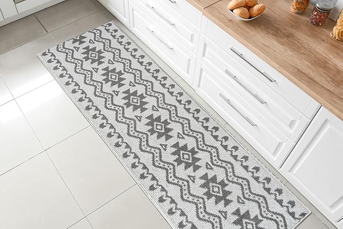 Custom Size Southwestern Style Runner Rug Mat for Wide Hallway Entryway Kitchen Laundry Room with Slip Resistant Latex Rubber Backing, Aztec Light Grey, 31 inch X 20 feet