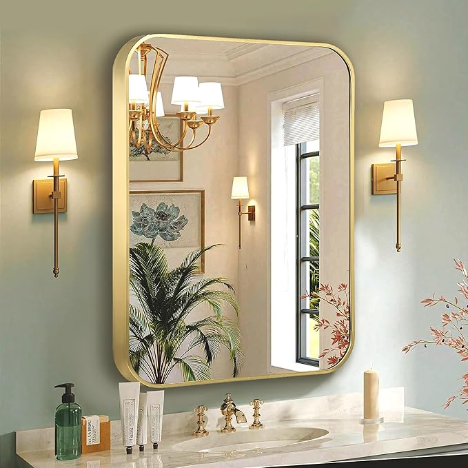 French Gold Mirror for Wall Decor, 30x36 Inch Brushed Brass Metal Framed Rectangle Wall Mirror for Bathroom Vanity, Living Room, Bedroom, Farmhouse, Hangs Vertically or Horizontally