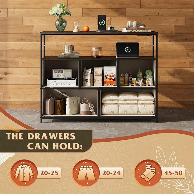 WLIVE 5 Drawer Dresser TV Stand for 45 Inch TV, Entertainment Center with Open Shelf and Power Outlet, Chest of Drawers for Bedroom, Living Room, Closet, Dark Grey