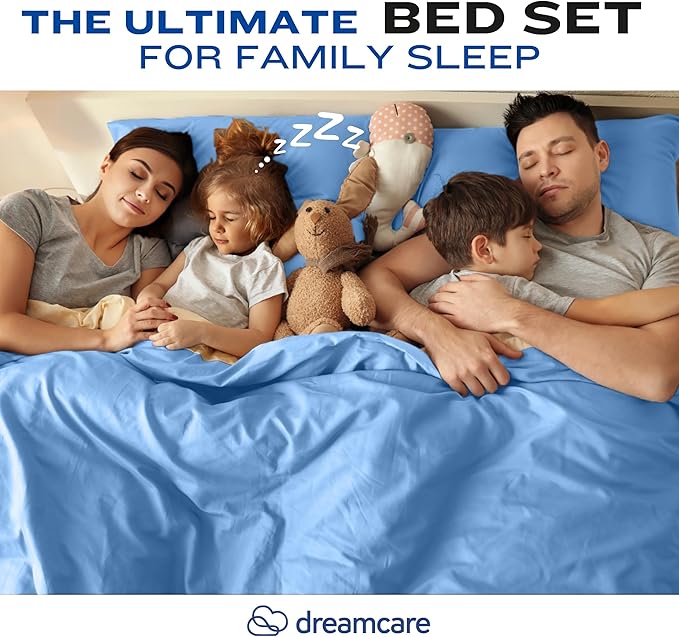 DREAMCARE Queen Size Sheets - Cooling Bed Sheets - 4pcs Set - up to 15" Deep Pocket Queen Sheet Set - Sheets Queen Size Bed - Soft & Long Lasting 100% Fine Brushed Polyester with Side Pocket - Lblue