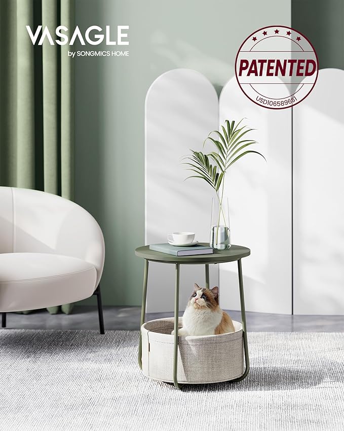 VASAGLE LILEA Collection - Small Round Side End Table, Modern Nightstand with Fabric Basket, Forest Green and Cream White ULET223C80