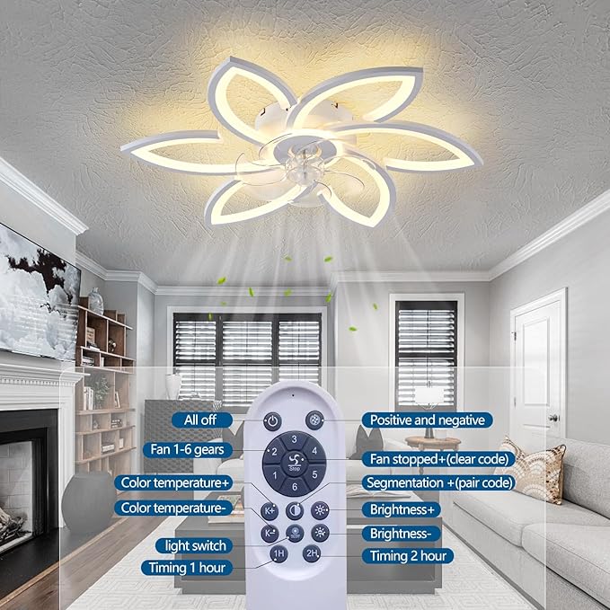 Ceiling Fan with Lights Remote Control, White Flower Ceiling Fan with Light, 3 Light Color Modern Low Profile Flush Mount Ceiling Fan for Kitchen Bedroom Living Room