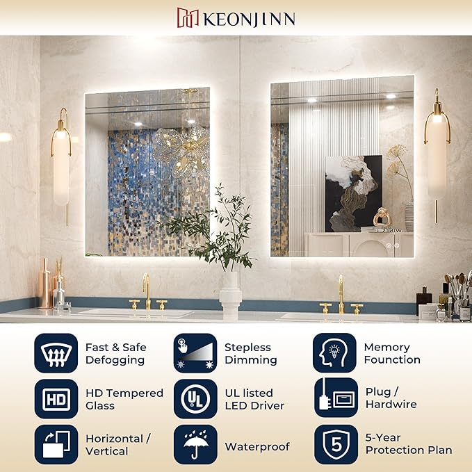 Keonjinn Backlit Mirror Bathroom 20” x 28”, Anti-Fog Mirror with Lights, CRI90+ HD Tempered Glass, Waterproof, UL Listed, Stepless Dimmable LED Mirrors for Bathroom, High Lumen, Waterproof