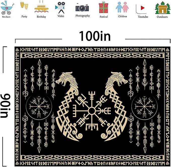 OSUNBD Nordic Vikings Tapestry, Large 10090 inches Soft Flannel, Vegvsir Symbol Twins Dragons Celtic Rune Scandinavian Aesthetic Mythology Tapestry Wall Hanging for Bedroom Living Room Decor