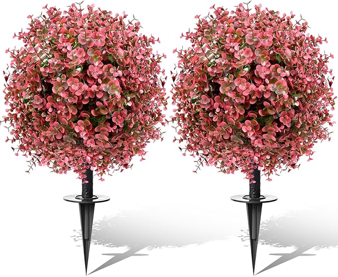 2 Pack 23” Artificial Topiary Bushes for Outdoors Fall Decorations with 7.8” Spike, Red Boxwood Ball Fake Shrubs UV Resistant Faux Plants for Indoor Outdoor Garden Entryway Front Porch Decor