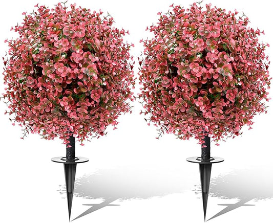 2 Pack 23” Artificial Topiary Bushes for Outdoors Fall Decorations with 7.8” Spike, Red Boxwood Ball Fake Shrubs UV Resistant Faux Plants for Indoor Outdoor Garden Entryway Front Porch Decor