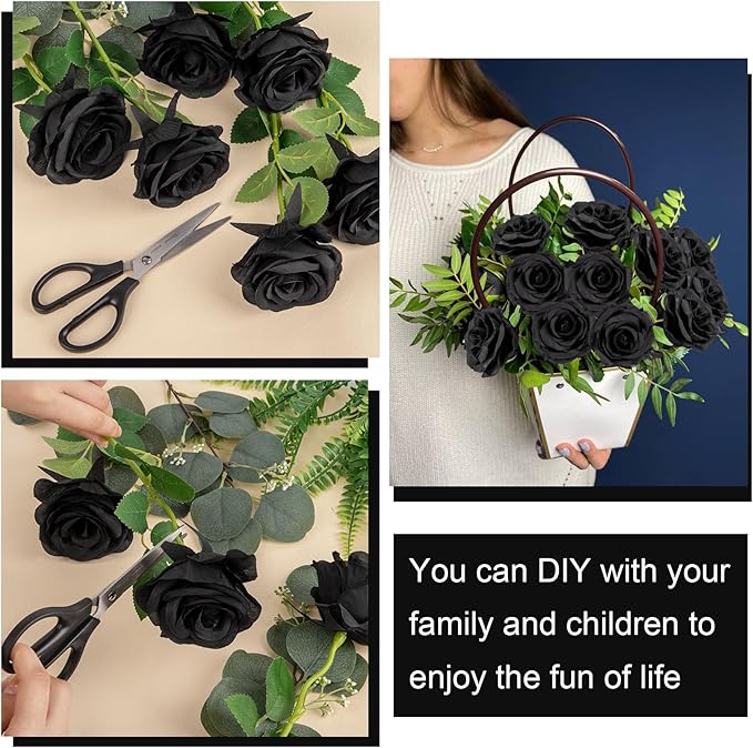 Ouddy Decor 50 Pcs Artificial Black Roses Bulk Realistic Fake Silk Flowers with Long Stems for Fall Halloween Wedding Bridal Bouquet DIY Table Centerpieces Arrangement Valentines Home Decor