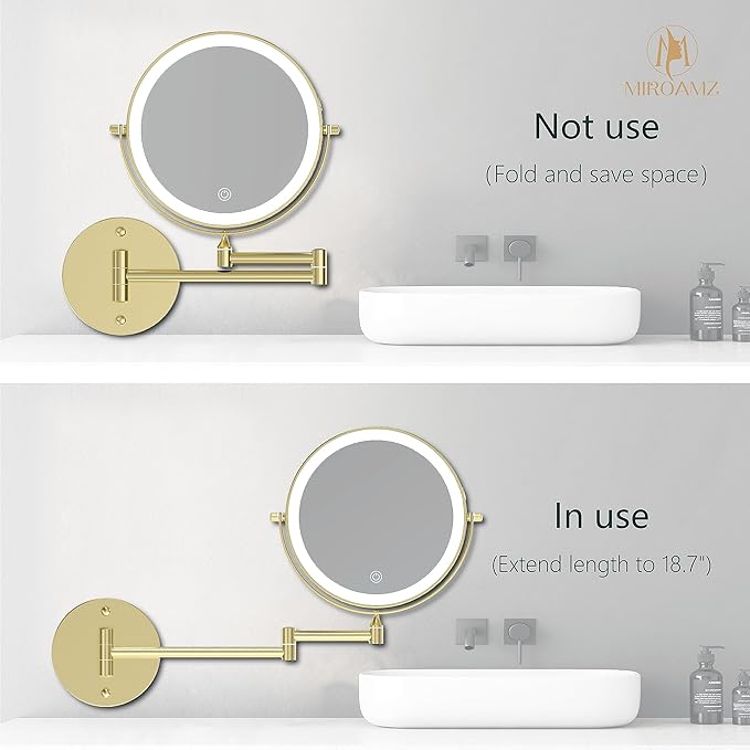 Rechargeable Wall Mounted Lighted Makeup Vanity Mirror 8 Inch Double Sided 1X 10X Magnifying Bathroom Mirror, 3 Color Lighting, Touch Screen Dimming, 360 Rotation Shaving Mirror Gold