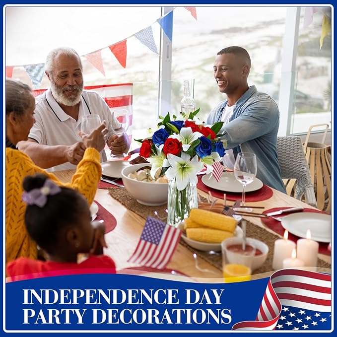 Hotop 20 Pcs Artificial Flowers Velvet Realistic Roses and Latex Lilies Flowers Bouquet Decorations Arrangements for Home Table Centerpieces Independence Day(Red,Blue,White)