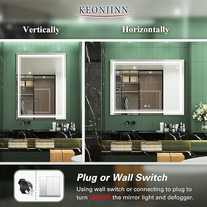 Keonjinn Large Bathroom Mirror with Light, 48 x 36 Inch LED Mirror for Bathoom, Frontlit Only, HD Tempered Glass, UL-Listed LED Driver, Anti-Fog, Dimmale 6000K, Easy Installation(Horizontal/Vertical)