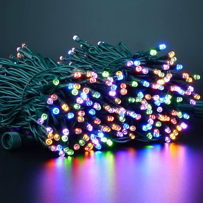 YULETIME 100 ft 300 Count Multicolor LED String Lights with 8 Models Adapter, Green Wire Wide Angle 5mm Christmas Lights (Multicolor - Green Wire)