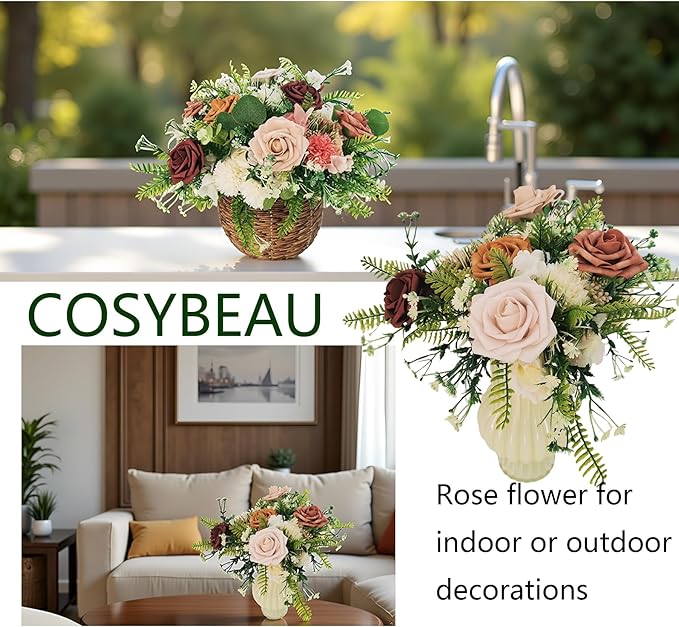 Artificial Fake Flowers 25pcs Roses, Shade of Brown Foam Rose Faux Flower for DIY Wedding Bouquets Bridal Shower Centerpieces Floral Arrangements Party Tables Home Decorations