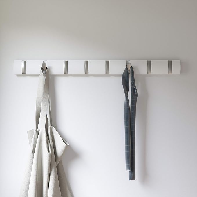 Umbra Flip Wall-Mounted Coat Rack Rail Hook for Hats, Jackets, Bags and More – Modern, Space-Saving Storage Organizer for Entryway, Mudroom, Closet, Bathroom, Bedroom, Kids Room, or Nursery, 8 Hooks,