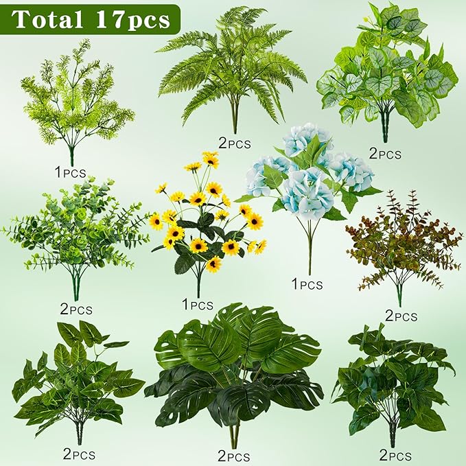 WINTS 17 Bundles Outdoor Artificial Plants UV Resistant Fake Greenery Stems Faux Shrubs Plastic Plant for Outdoor Planter Porch Patio Garden Window Box Home Decor