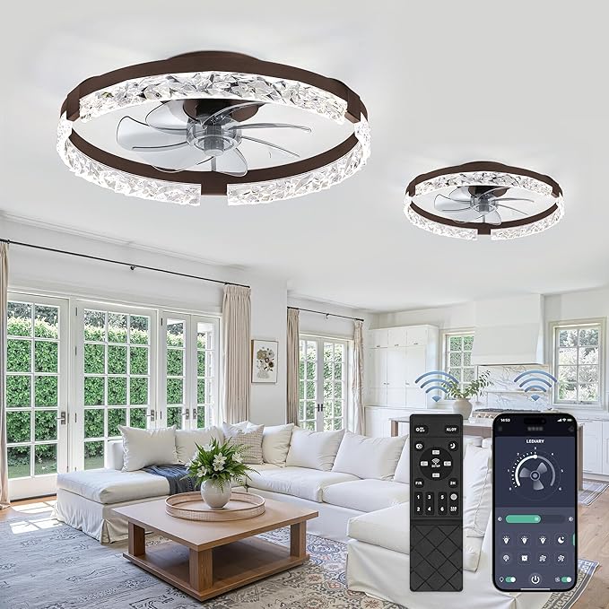 LEDIARY 2 Pack 20 Inch Low Profile Ceiling Fan with Lights and Remote, Dimmable Fandelier Ceiling Fans, Brown Modern Flush Mount Ceiling Fan with 3 Color Temperature Change and 6 Speeds
