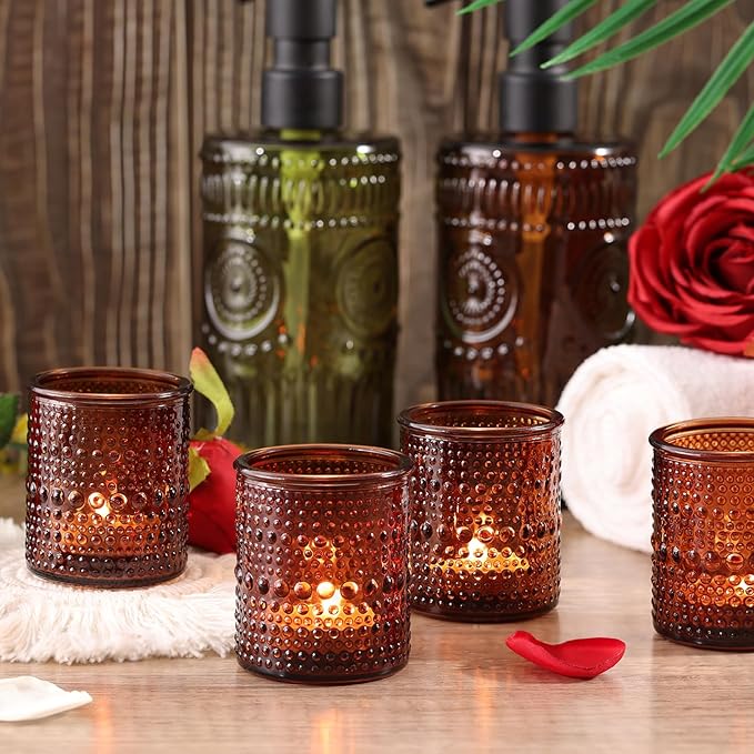 15Pcs Glass Votive Candle Holders, Amber Tea Light Candle Holders Vintage Fall Tealight Candle Holder Bulk for Autumn, Thanksgiving Table Centerpieces, Christmas Decor (Amber)