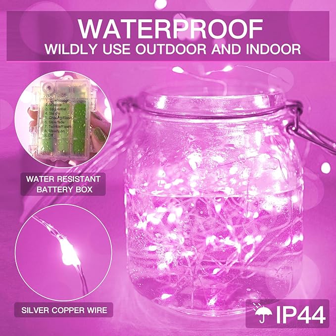 suddus Pink Fairy Lights Battery Operated Outdoor Waterproof, 33ft 100 Led String Lights with Remote, Twinkle Lights for Bedroom, Dorm, Tapestry, Christmas, Party Decorations